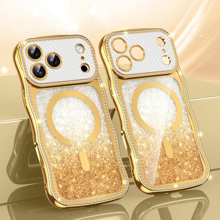 For iPhone 17 Pro Wavy Frame Star Diamond Electroplate TPU Glitter Magnetic Phone Case(Gradient Gold)