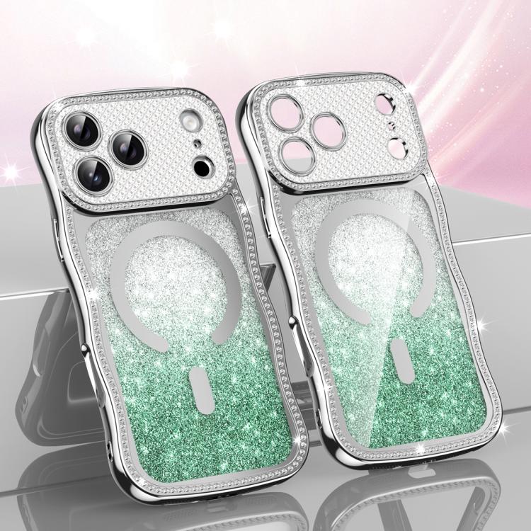 For iPhone 17 Pro Wavy Frame Star Diamond Electroplate TPU Glitter Magnetic Phone Case(Gradient Green)