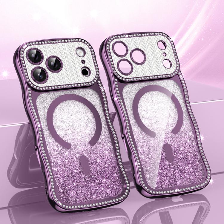 For iPhone 17 Pro Wavy Frame Star Diamond Electroplate TPU Glitter Magnetic Phone Case(Gradient Purple)