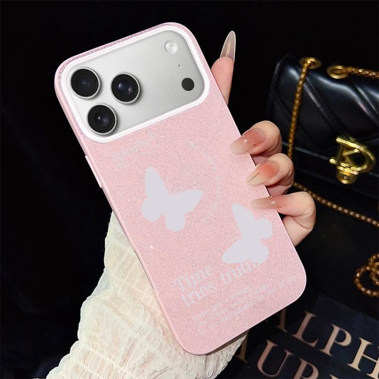 For iPhone 17 Pro White Butterflies Pattern IMD Glitter PC Hybrid TPU Phone Case(Pink)