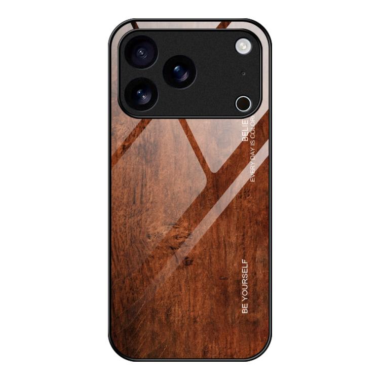 For iPhone 17 Pro Wood Grain Glass Phone Case(Dark Brown)