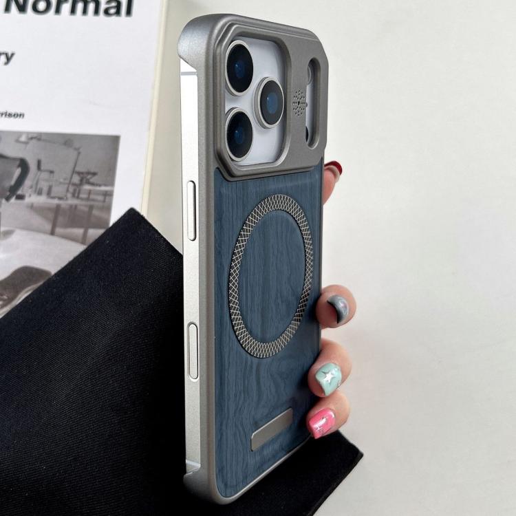 For iPhone 17 Pro Wood Grain Magnetic PC Shockproof Phone Case(Denim Blue)