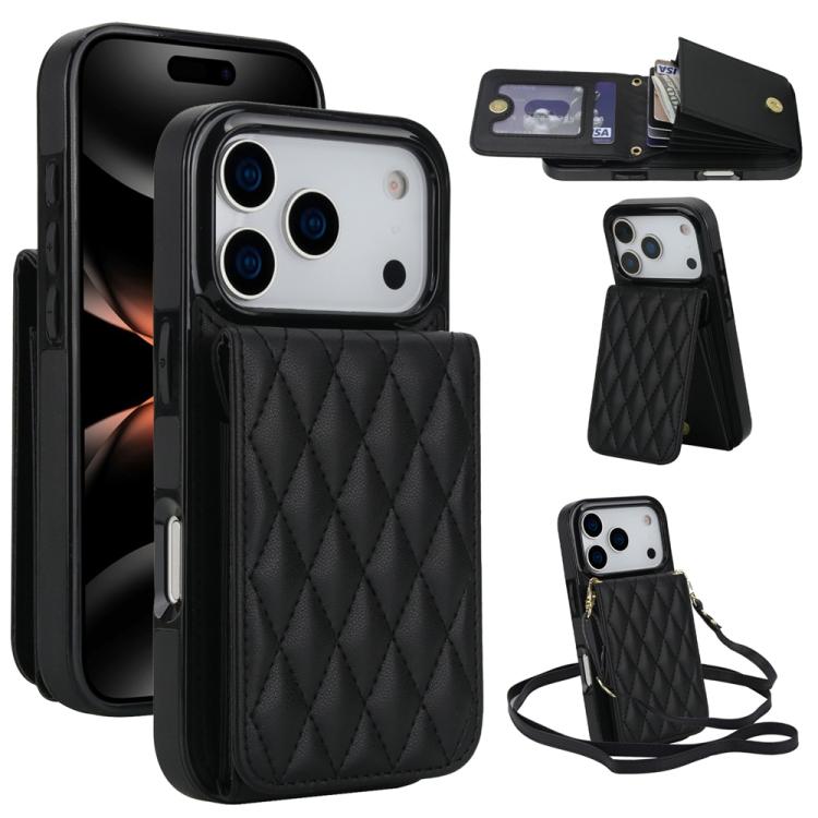 For iPhone 17 Pro YM015 Crossbody Rhombic Card Bag RFID Phone Case(Black)