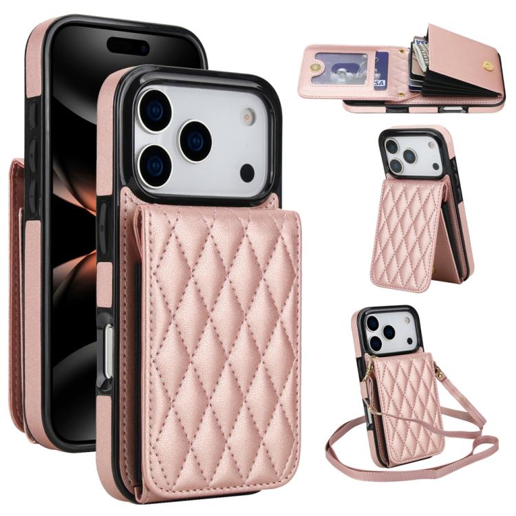 For iPhone 17 Pro YM015 Crossbody Rhombic Card Bag RFID Phone Case(Rose Gold)