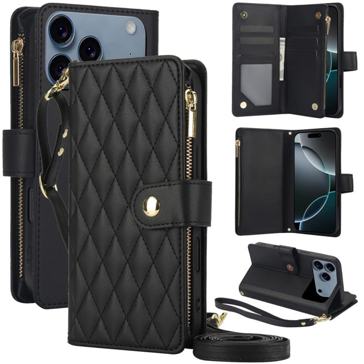 For iPhone 17 Pro YM016 Rhombic Zipper Card Wallet Leather Phone Case with Lanyard(Black)