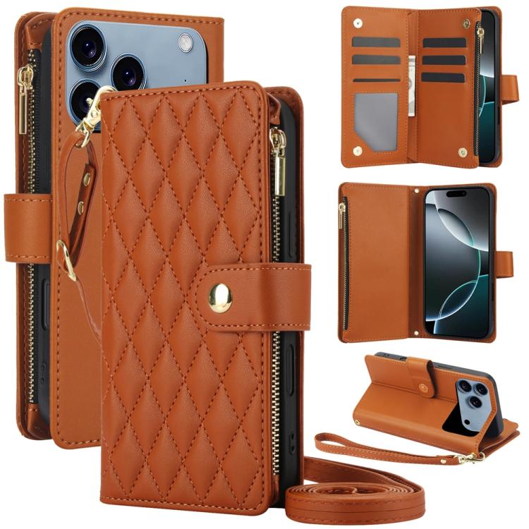 For iPhone 17 Pro YM016 Rhombic Zipper Card Wallet Leather Phone Case with Lanyard(Brown)