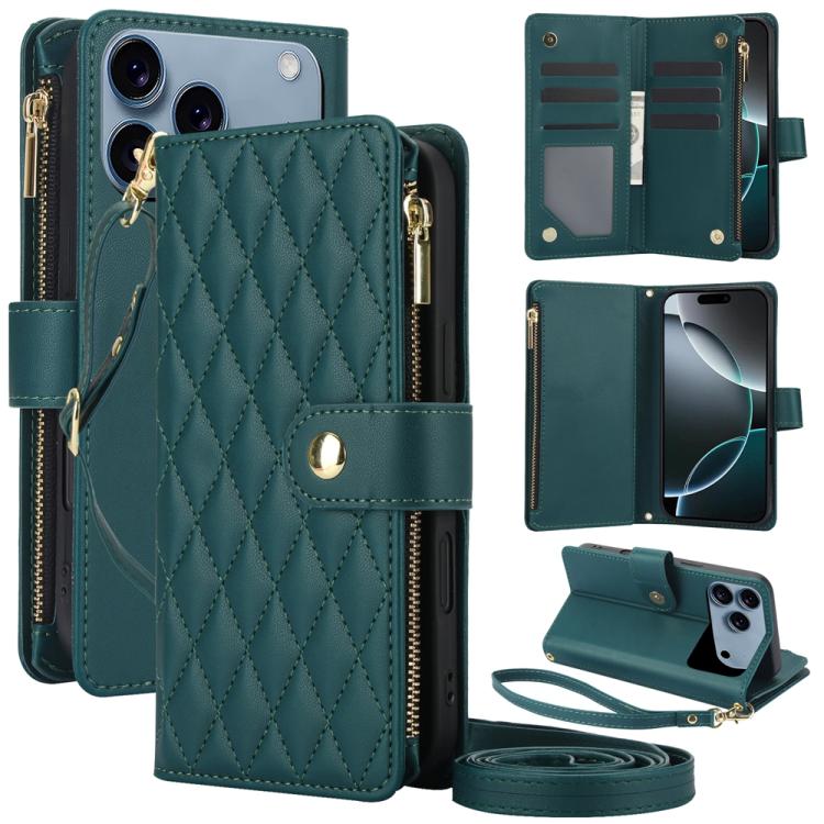 For iPhone 17 Pro YM016 Rhombic Zipper Card Wallet Leather Phone Case with Lanyard(Green)