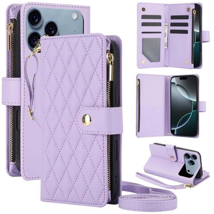 For iPhone 17 Pro YM016 Rhombic Zipper Card Wallet Leather Phone Case with Lanyard(Light Purple)
