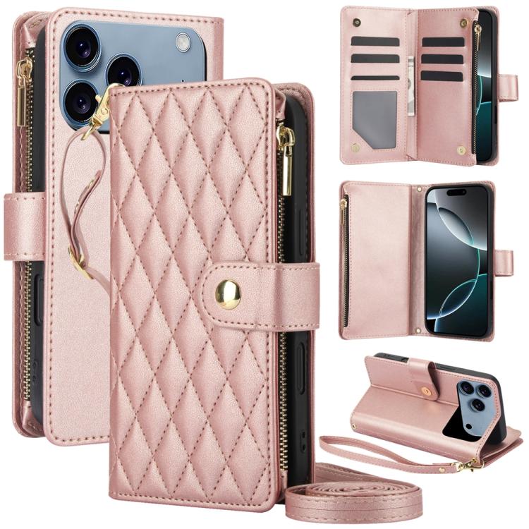 For iPhone 17 Pro YM016 Rhombic Zipper Card Wallet Leather Phone Case with Lanyard(Rose Gold)