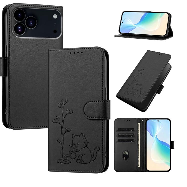For iPhone 17 Pro YX0014 Cat Watering Tree Buckle Vegan Leather Phone Case with Lanyard(Black)