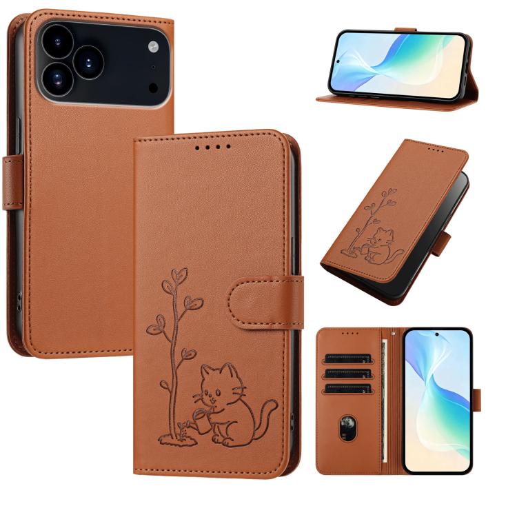 For iPhone 17 Pro YX0014 Cat Watering Tree Buckle Vegan Leather Phone Case with Lanyard(Coffee Brown)