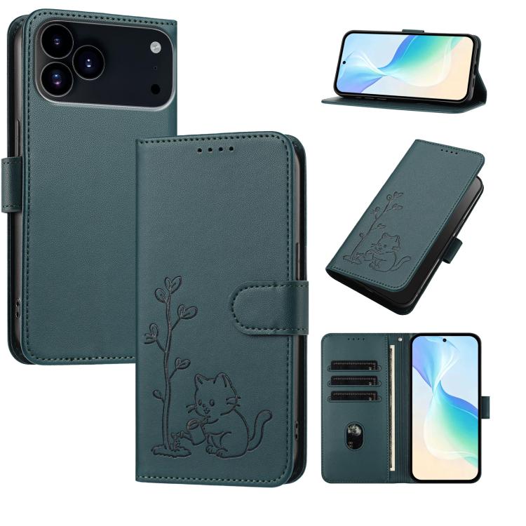 For iPhone 17 Pro YX0014 Cat Watering Tree Buckle Vegan Leather Phone Case with Lanyard(Dark Green)