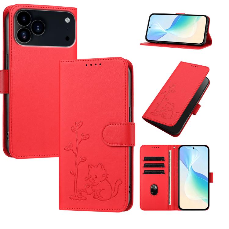 For iPhone 17 Pro YX0014 Cat Watering Tree Buckle Vegan Leather Phone Case with Lanyard(Red)