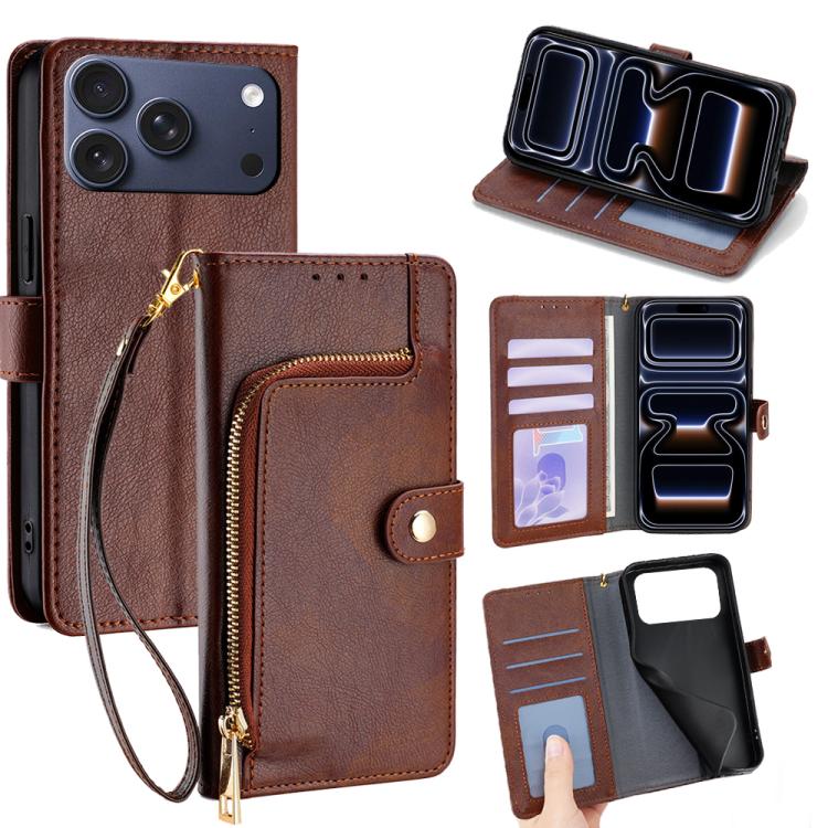 For iPhone 17 Pro Zipper Bag Leather Phone Case(Brown)