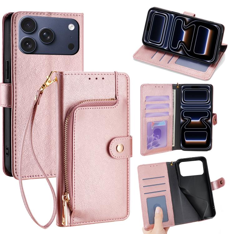 For iPhone 17 Pro Zipper Bag Leather Phone Case(Rose Gold)