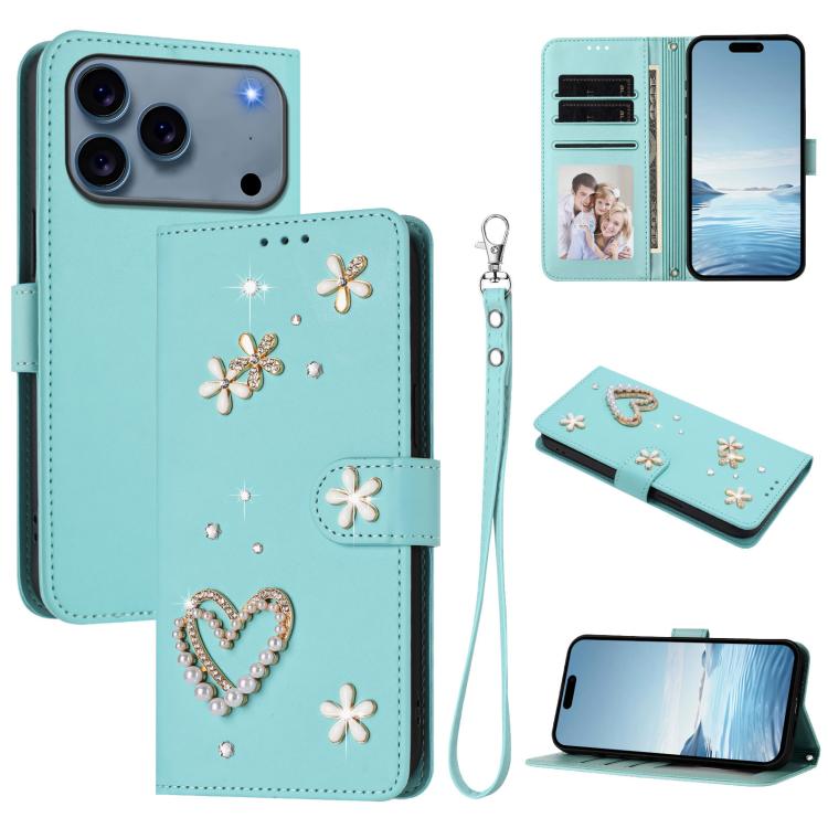 For iPhone 17 Pro ZS01 Double-Layer Heart Floral Vegan Leather Phone Case with Wrist Strap(Mint Green)