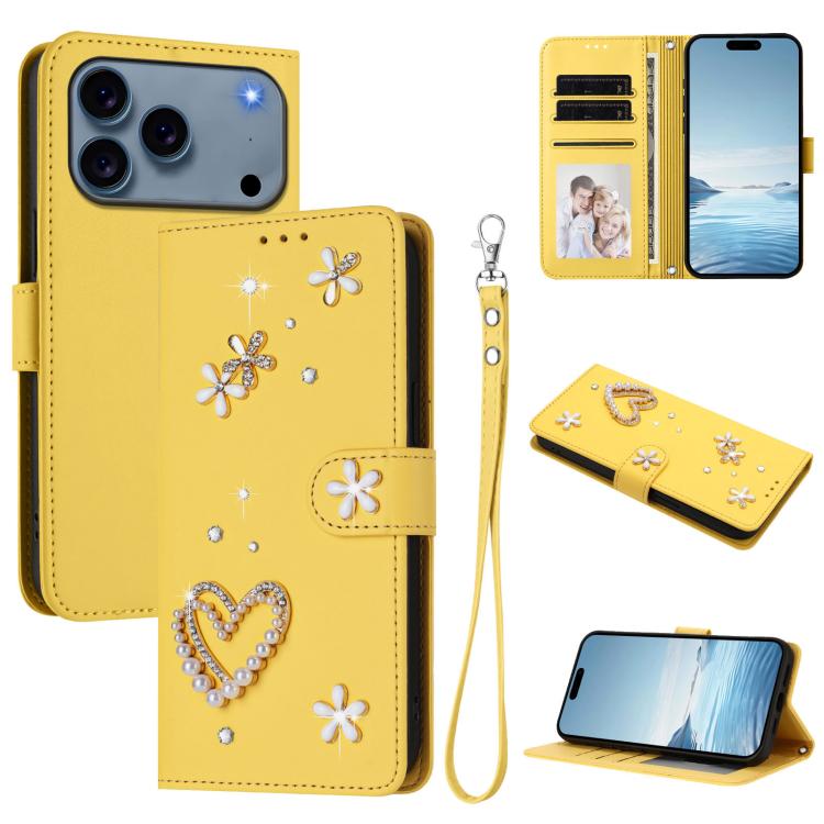 For iPhone 17 Pro ZS01 Double-Layer Heart Floral Vegan Leather Phone Case with Wrist Strap(Yellow)
