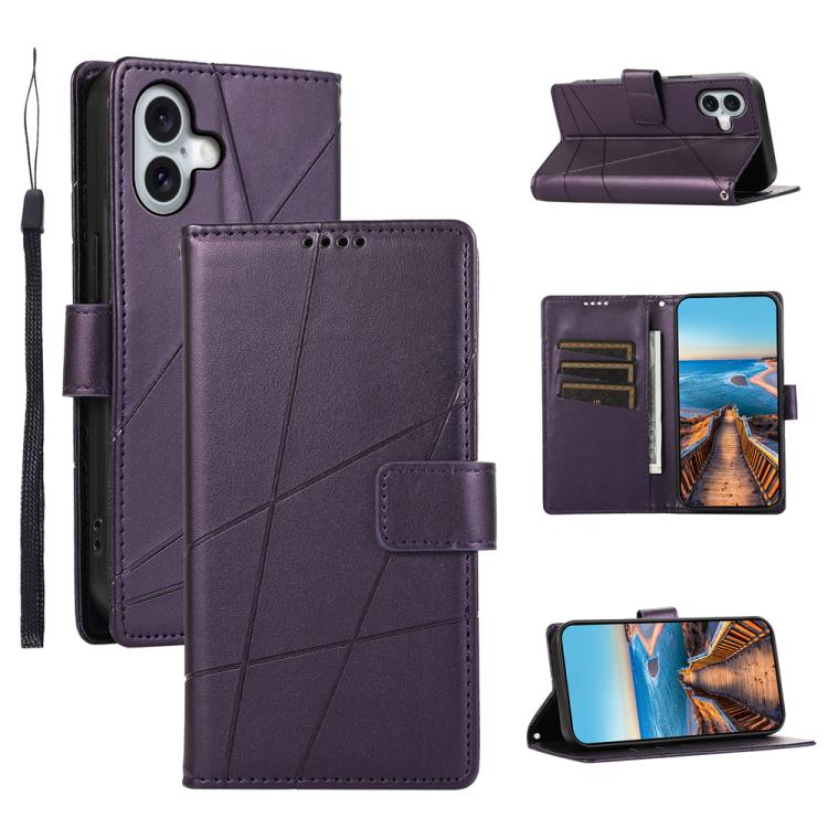 For iPhone 17 PU Genuine Leather Texture Embossed Line Phone Case(Purple)