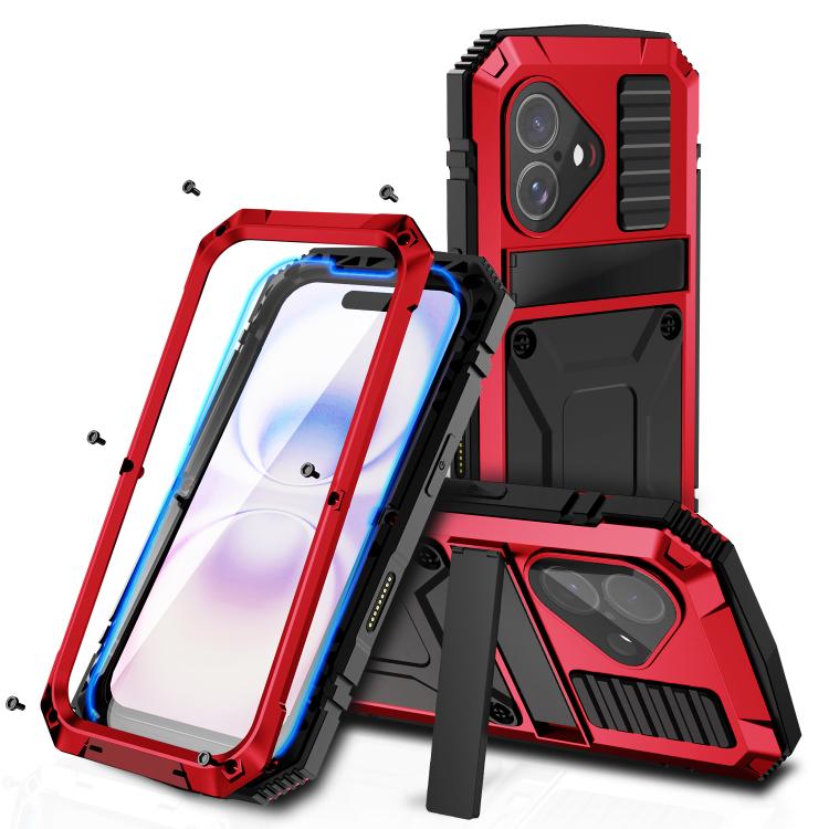 For iPhone 17 R-JUST Metal + Silicone + Tempered Glass Life Waterproof Phone Case with Holder(Red)