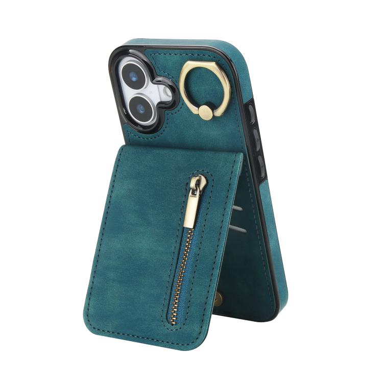 For iPhone 17 Retro Ring and Zipper RFID Card Slot Phone Case(Blue)