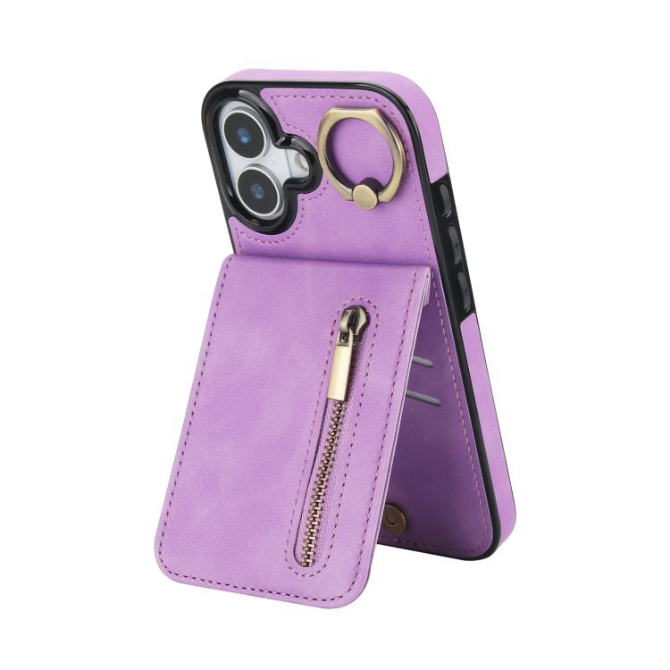 For iPhone 17 Retro Ring and Zipper RFID Card Slot Phone Case(Purple)