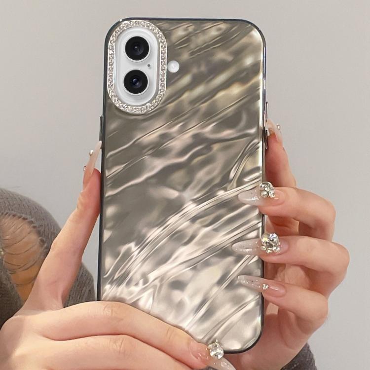 For iPhone 17 Rhinestone Lens Frame Wrinkled Design Phone Case(Transparent Black)