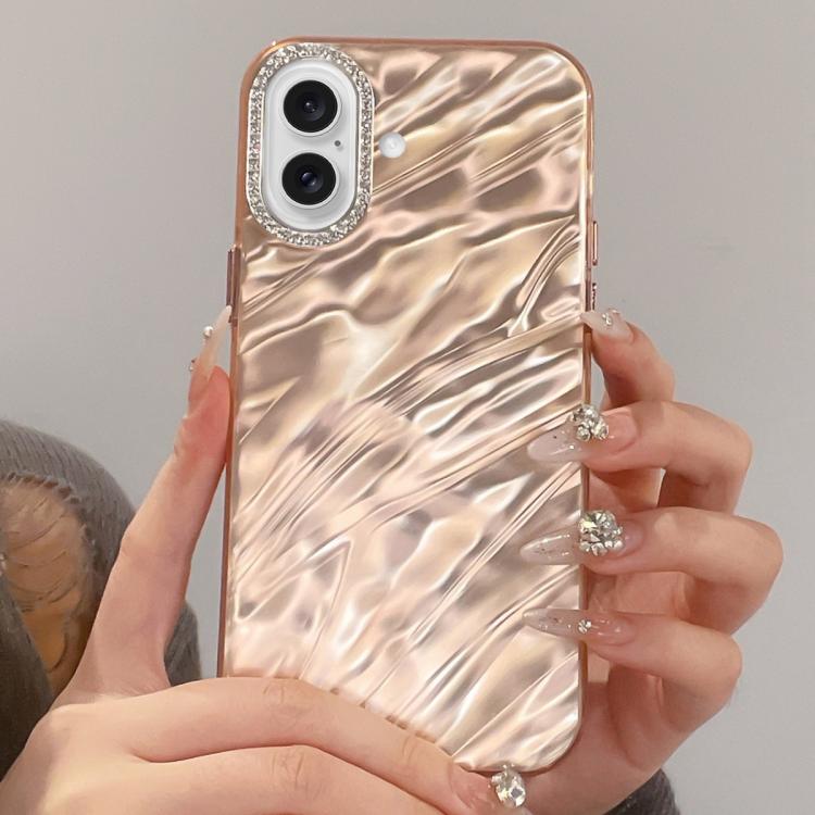 For iPhone 17 Rhinestone Lens Frame Wrinkled Design Phone Case(Transparent Pink)