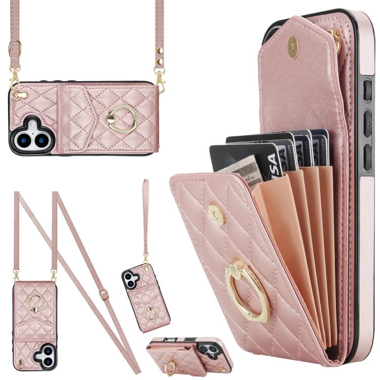 For iPhone 17 Rhombic Texture Card Bag Phone Case with Long Lanyard(Rose Gold)