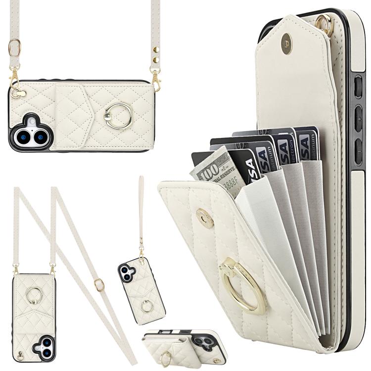 For iPhone 17 Rhombic Texture Card Bag Phone Case with Long Lanyard(White)