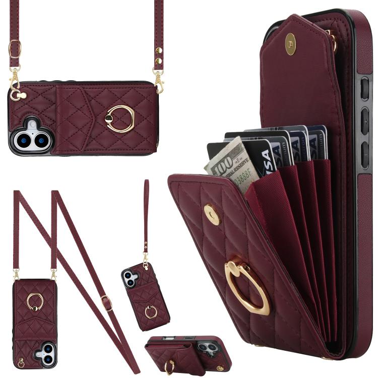 For iPhone 17 Rhombic Texture Card Bag Phone Case with Long Lanyard(Wine Red)