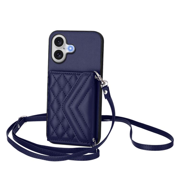 For iPhone 17 Rhombic Texture Card Bag RFID Phone Case with Long Lanyard(Blue)