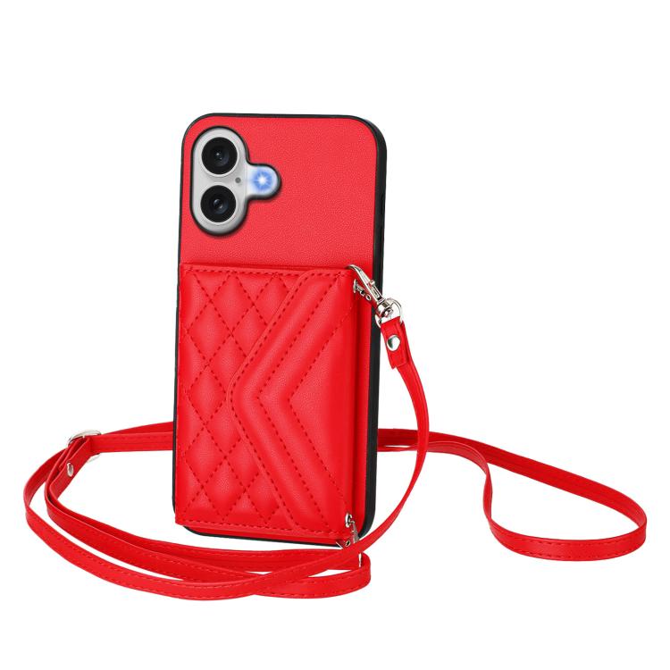 For iPhone 17 Rhombic Texture Card Bag RFID Phone Case with Long Lanyard(Red)
