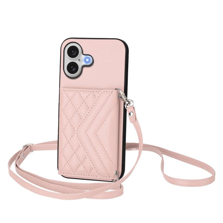 For iPhone 17 Rhombic Texture Card Bag RFID Phone Case with Long Lanyard(Rose Gold)