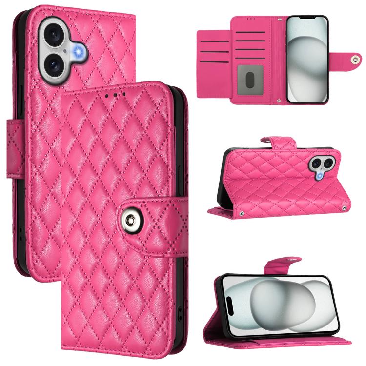 For iPhone 17 Rhombic Texture Flip Leather Phone Case with Lanyard(Rose Red)