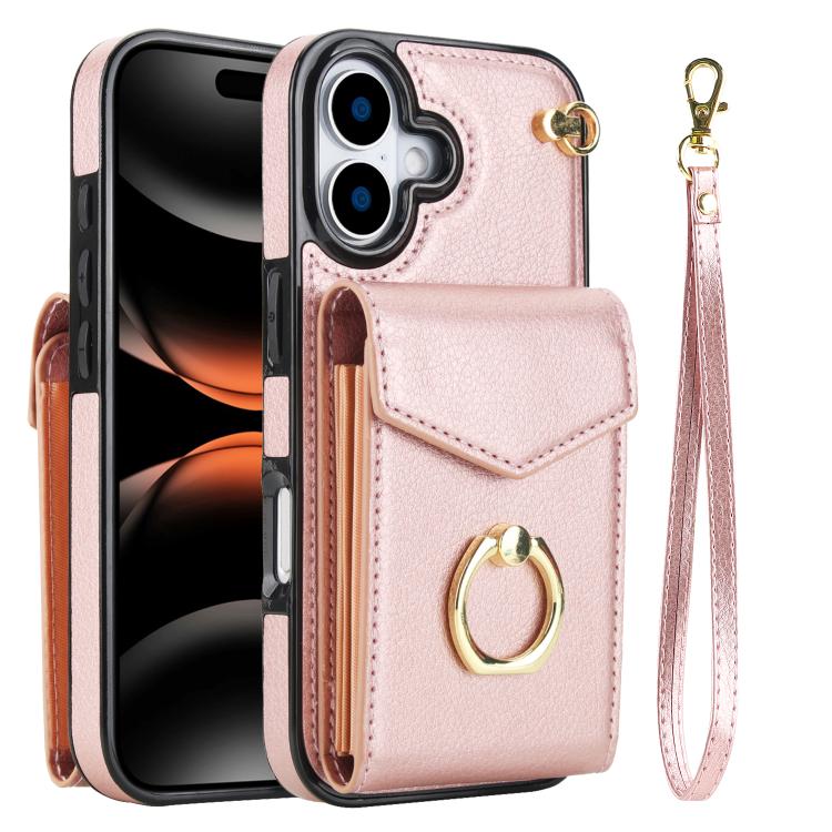 For iPhone 17 Ring Holder RFID Card Slot Phone Case(Rose Gold)