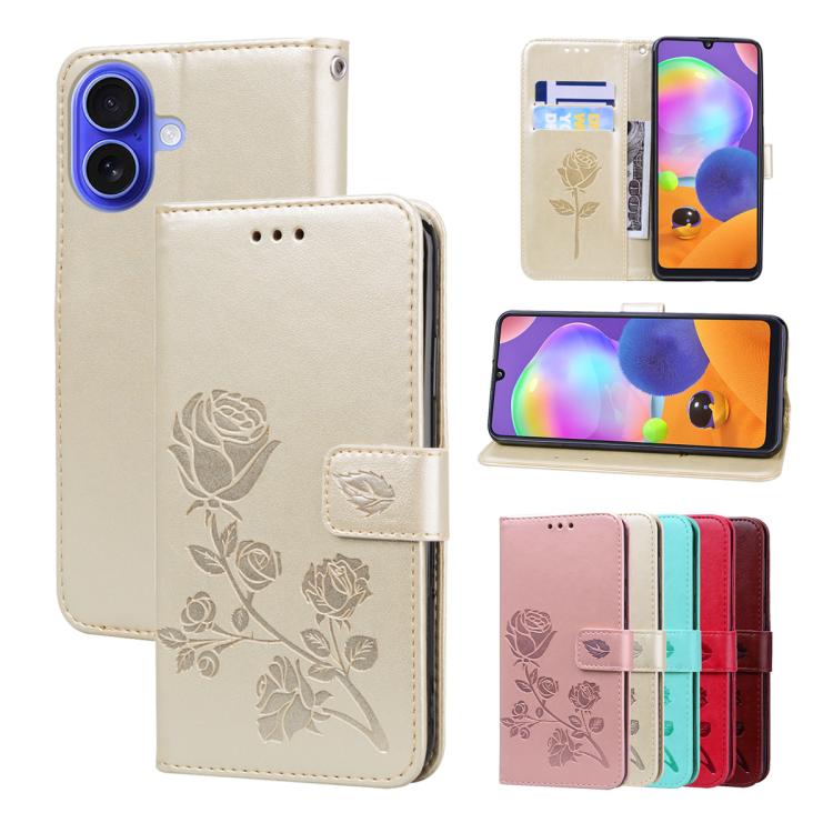 For iPhone 17 Rose Embossed Flip PU Leather Phone Case(Gold)