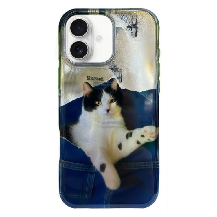 For iPhone 17 Rounded Edge IMD Pattern TPU Phone Case(Dark Blue Cat)