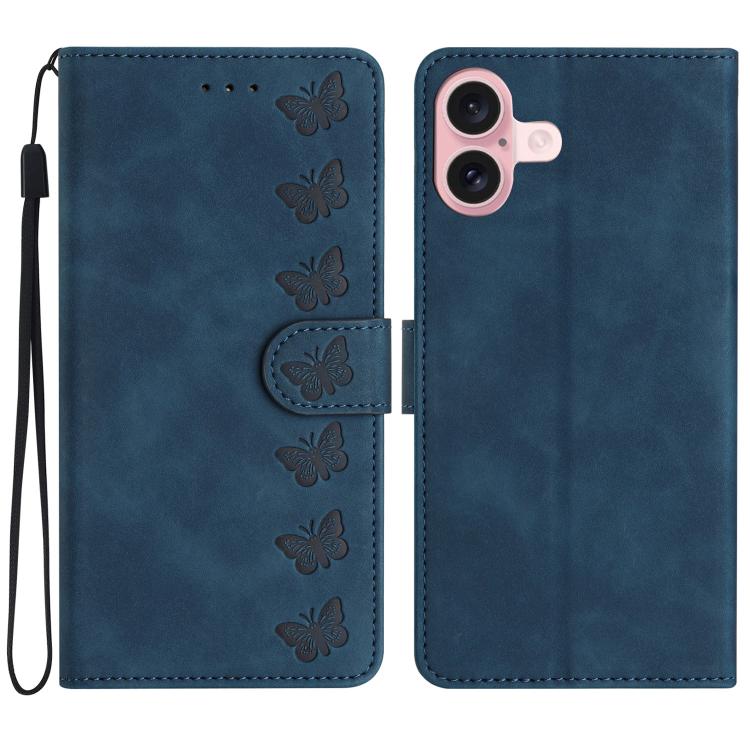 For iPhone 17 Seven Butterflies Embossed Leather Phone Case(Blue)