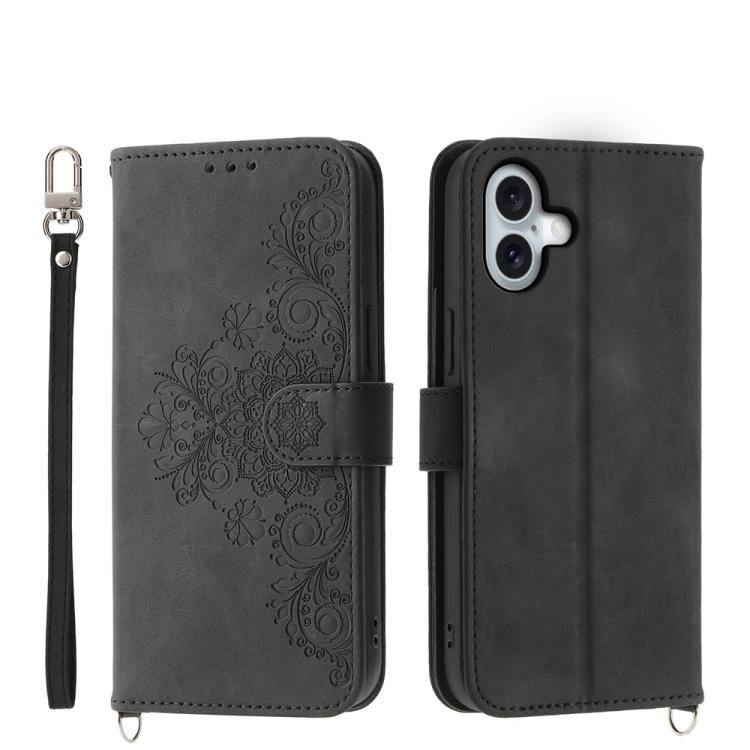For iPhone 17 Skin-feel Flowers Embossed Wallet Leather Phone Case(Black)