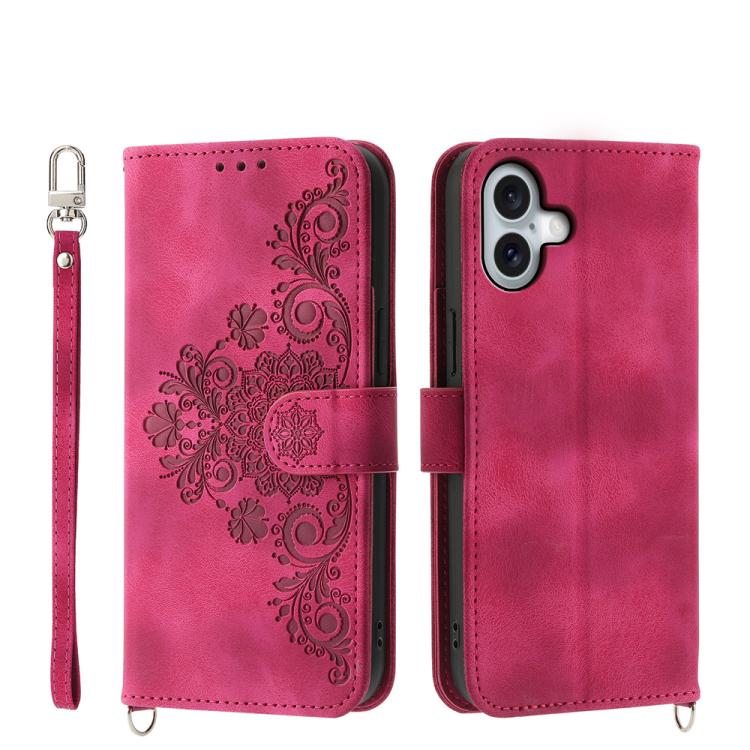 For iPhone 17 Skin-feel Flowers Embossed Wallet Leather Phone Case(Wine Red)