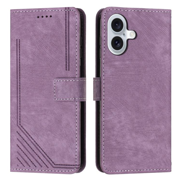 For iPhone 17 Skin Feel Stripe Pattern Leather Phone Case with Lanyard(Purple)
