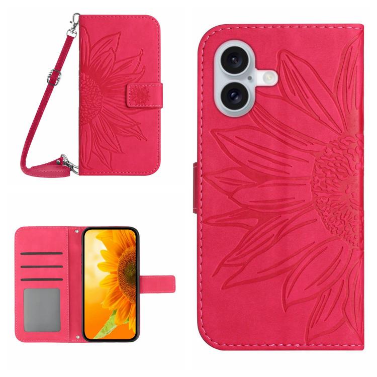 For iPhone 17 Skin Feel Sun Flower Embossed Flip Leather Phone Case with Lanyard(Rose Red)