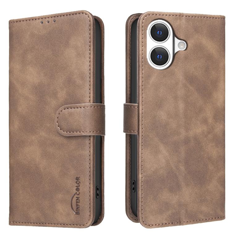 For iPhone 17 Solid Color Calfskin Texture RFID Vegan Leather Phone Case(Brown)