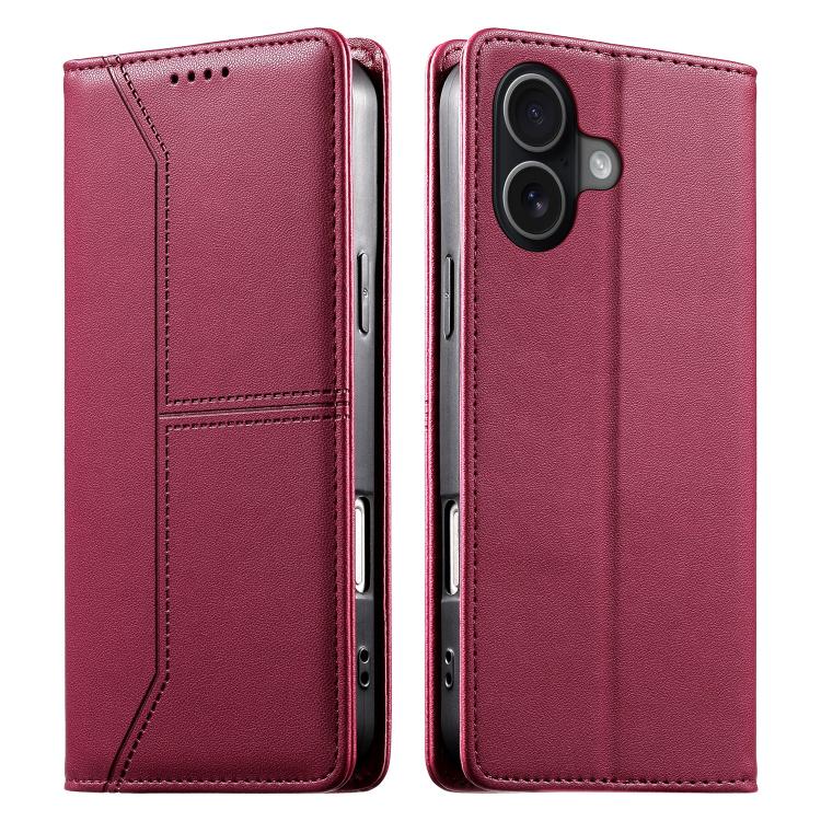 For iPhone 17 Stitched Line Magnetic RFID Vegan Leather Phone Case(Wine Red)