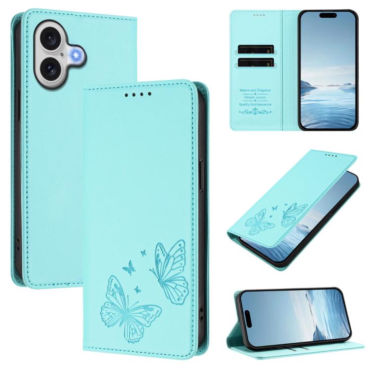 For iPhone 17 Strong Magnetic Dual Butterfly RFID Vegan Leather Phone Case(Mint Green)
