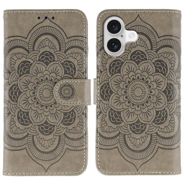 For iPhone 17 Sun Mandala Embossing Leather Phone Case(Grey)