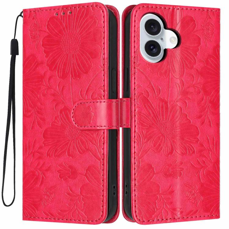 For iPhone 17 Sunflower Embossed Vegan Leather Phone Case with Small Black Rope(Red)