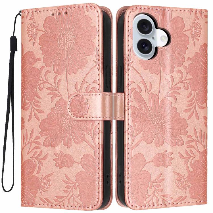 For iPhone 17 Sunflower Embossed Vegan Leather Phone Case with Small Black Rope(Rose Gold)