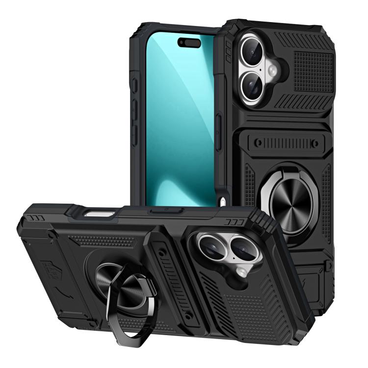 For iPhone 17 TPU+PC Shockproof Card Phone Case with Metal Ring Holder(Black)