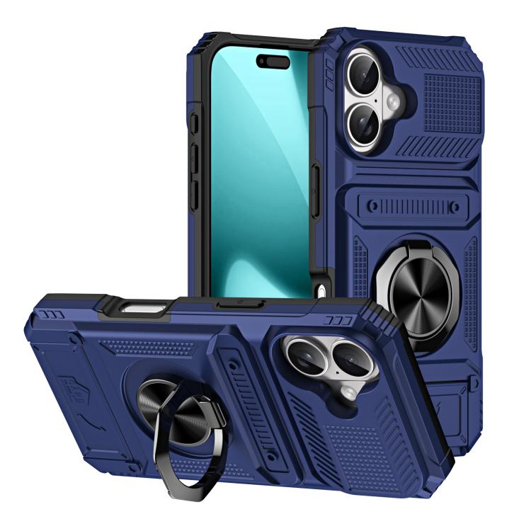 For iPhone 17 TPU+PC Shockproof Card Phone Case with Metal Ring Holder(Blue)